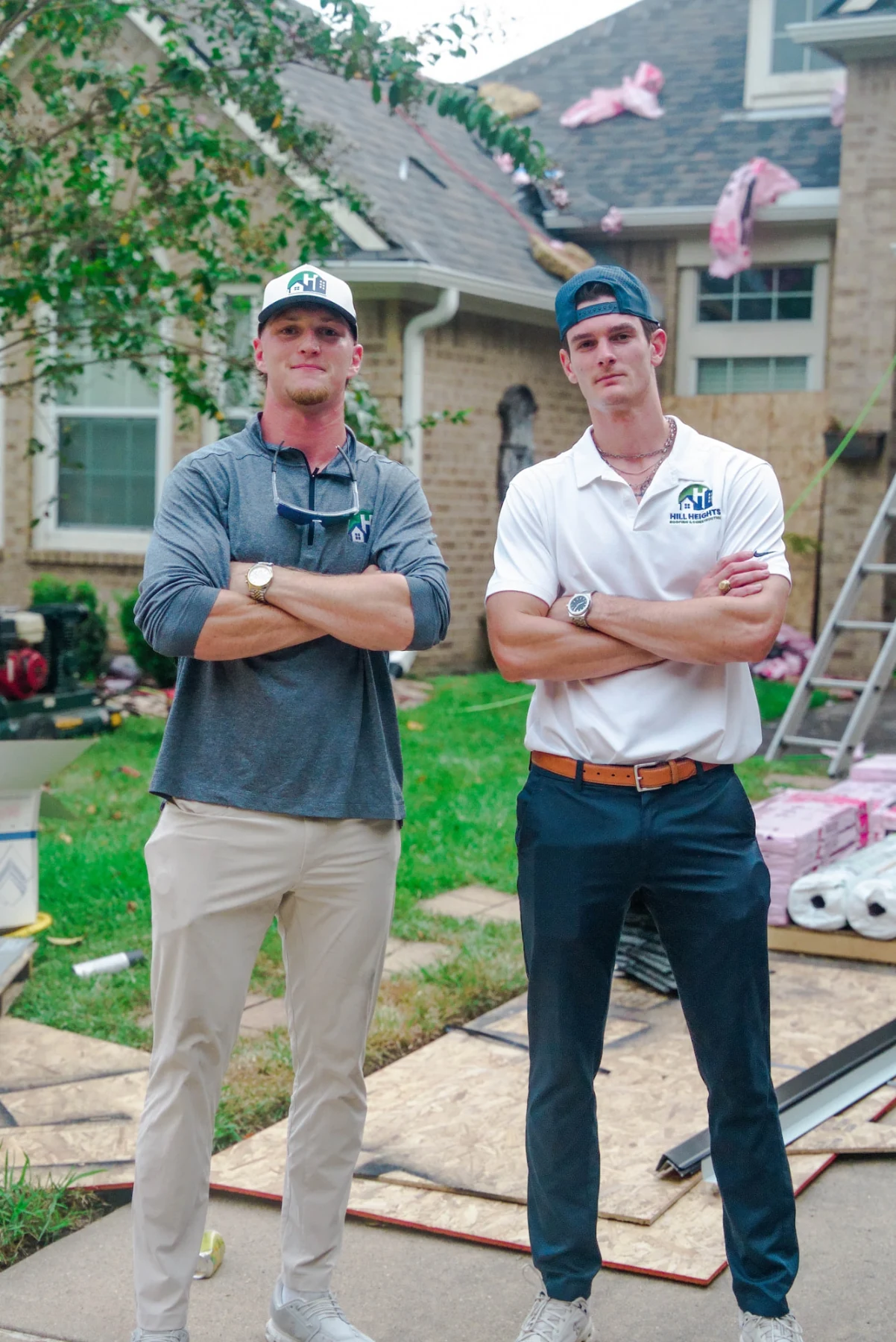 Chance Hill with a fellow Hill Heights team member at a roofing project
